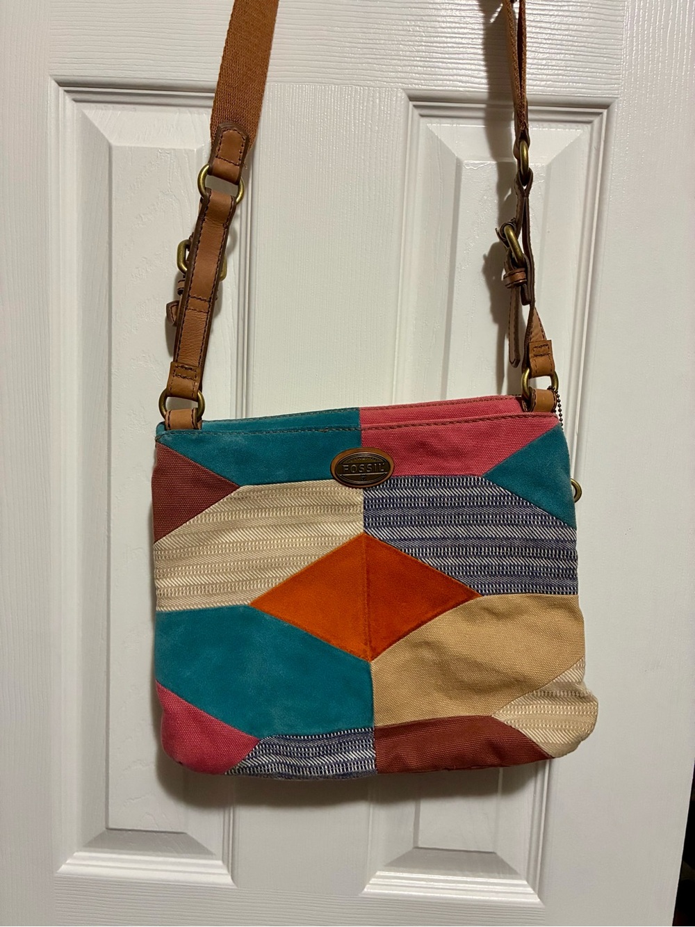 Fossil Patchwork Crossbody Bag in Teal, Orange, Pink, Tan